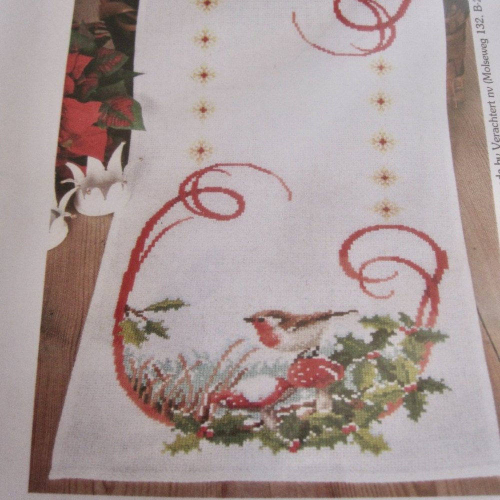 NEW Vervaco Cross Stitch Kit Bird & Mushrooms Christmas Table Runner 34” Long